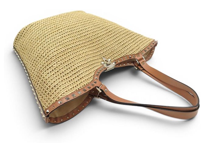 BORSA TOTE VALENTINO ROCKSTUD IN RAFIA E PELLE Beige - vista 6