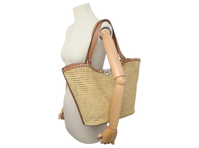 BORSA TOTE VALENTINO ROCKSTUD IN RAFIA E PELLE Beige - vista 7