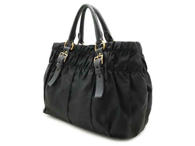 Prada Gathered Nylon Leder Tote Bag Schwarz - Ansicht 2
