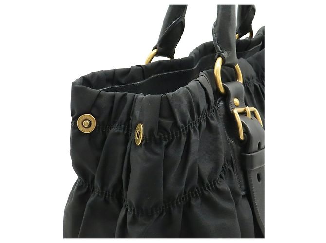 Prada Gathered Nylon Leder Tote Bag Schwarz - Ansicht 5