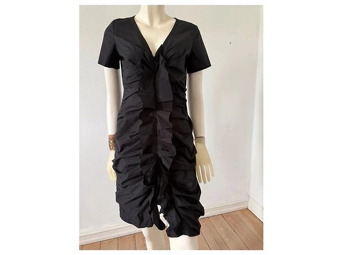 Vera Wang Schwarzes Baumwollkleid mit Rüschen - Ansicht 11