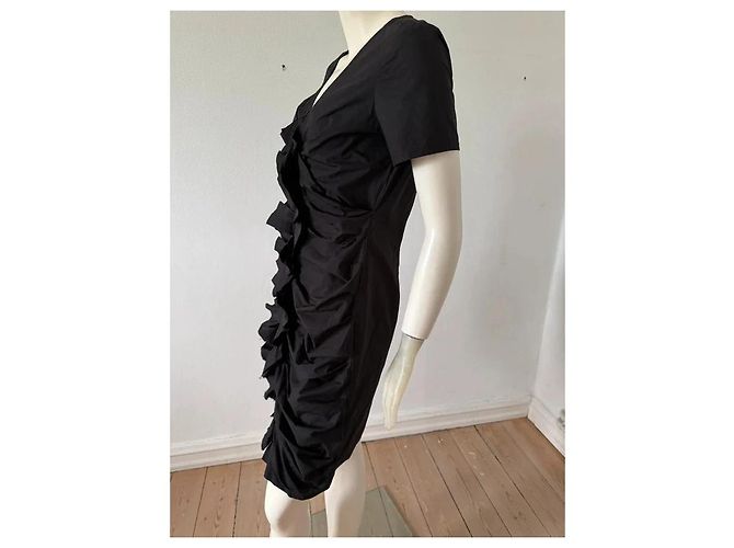 Vera Wang Schwarzes Baumwollkleid mit Rüschen - Ansicht 3
