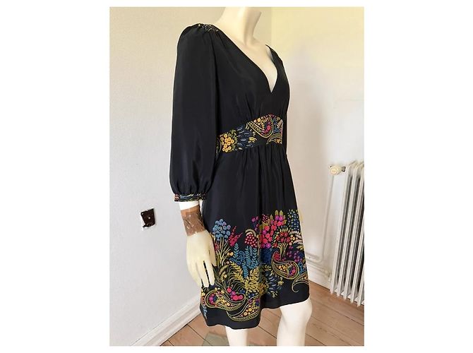 Tibi Abito in seta nera con stampa floreale e scollo a V Nero Multicolore - vista 2