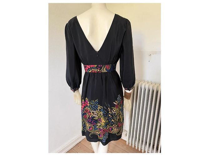 Tibi Abito in seta nera con stampa floreale e scollo a V Nero Multicolore - vista 6