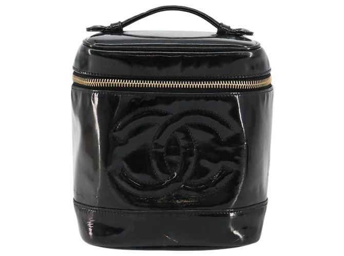 CHANEL Vanity Handtasche Lackleder Schwarz Gold CC Auth BA13209 Golden - Ansicht 2