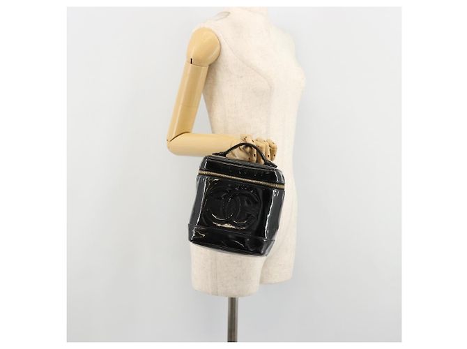 CHANEL Vanity Handtasche Lackleder Schwarz Gold CC Auth BA13209 Golden - Ansicht 22