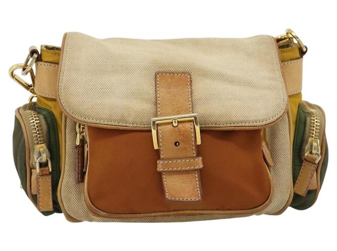 Borsa a Spalla PRADA Nylon Canvas Beige Oro Auth 171276 D'oro - vista 13