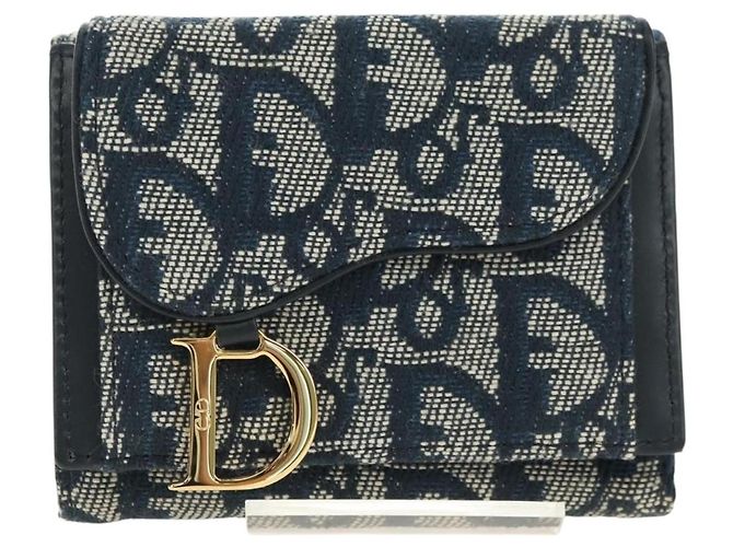 Cartera tríptico Christian Dior Trotter Canvas Saddle Navy Gold Auth 181569V Dorado Azul marino - vista 2