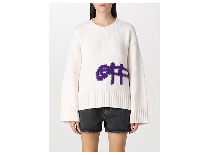 Off White Suéter de lã Off-White com logo Roxo Fora de branco - vista 2