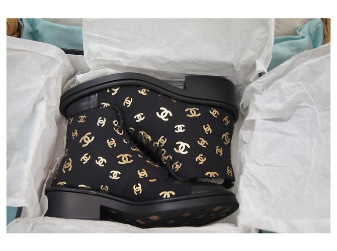 Chanel Black Canvas and Leather CC Logo Boots Golden - view 12