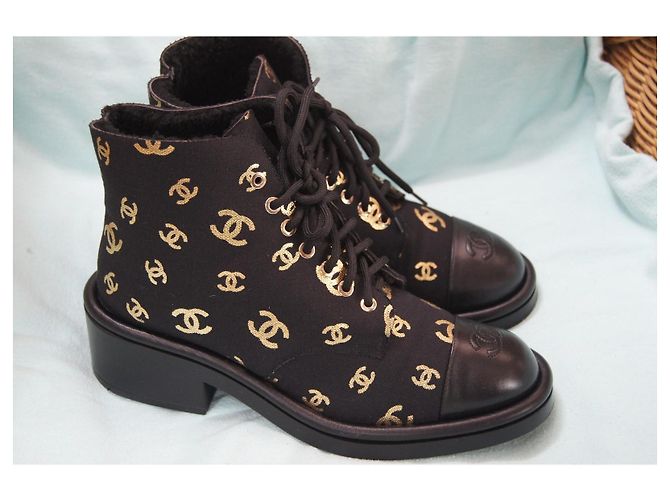 Chanel Black Canvas and Leather CC Logo Boots Golden - view 2
