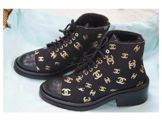 Chanel Black Canvas and Leather CC Logo Boots Golden - view 3