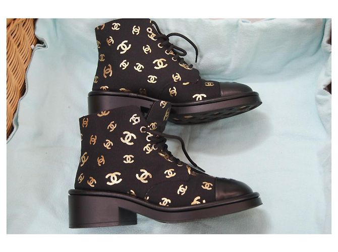Chanel Black Canvas and Leather CC Logo Boots Golden - view 4