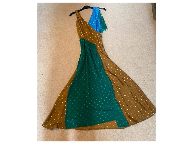 Diane Von Furstenberg Vestido Maxi de Seda com Bolinhas Marrom Azul Verde - vista 6