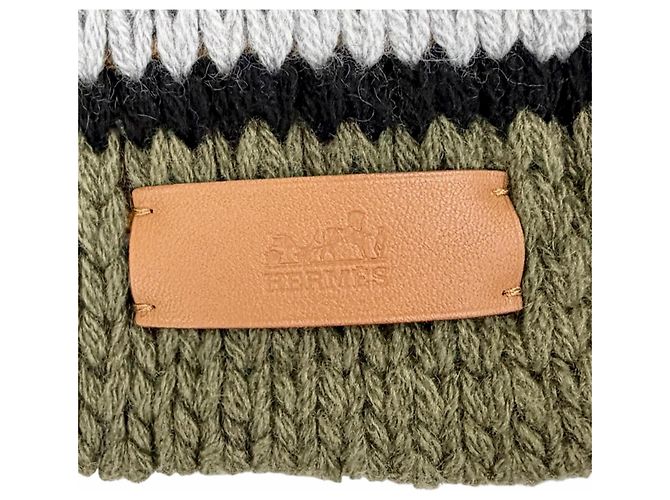 Hermès Stola in cashmere Hermes Grande Tenue Marrone Nero Cachi - vista 5