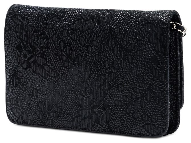 Wallet On Chain Carteira Chanel Black CC Lace Overlay Goatskin com Corrente Preto - vista 2
