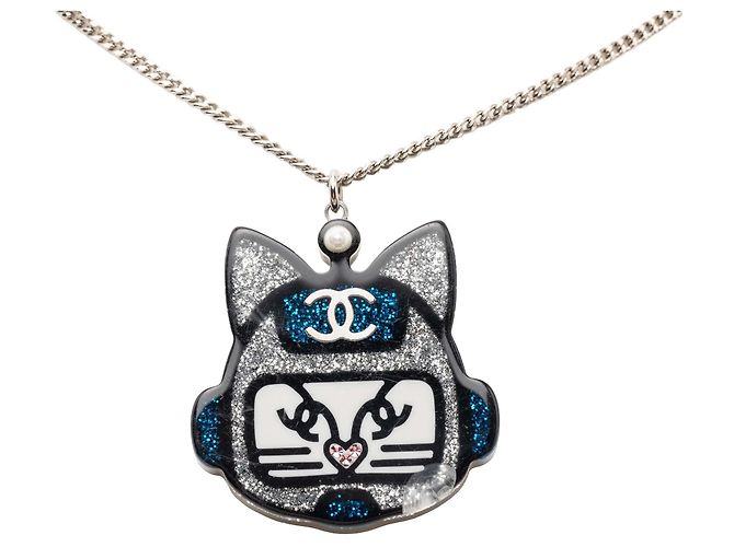 Collana con pendente Robot Cat in ottone argentato, resina, strass e perle finte Chanel Argento - vista 2