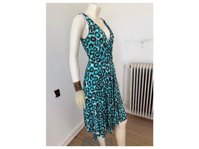 Diane von Furstenberg Vestido cruzado Lora de mezcla de seda Castaño Blanco Azul - vista 2