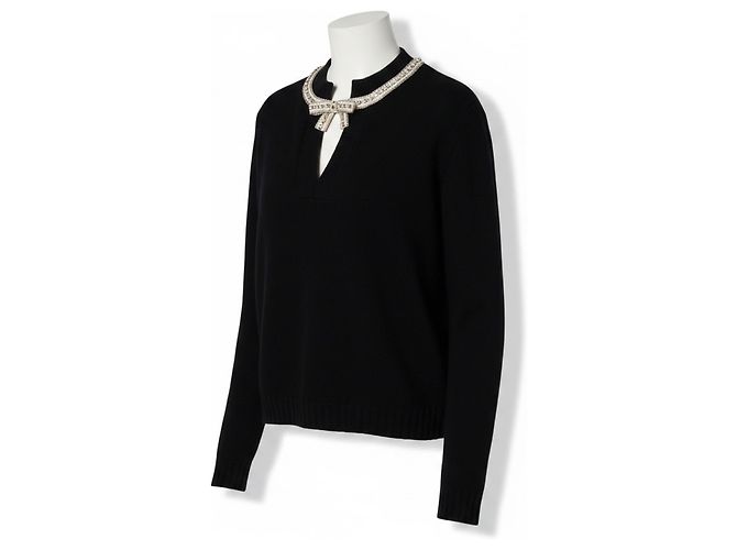 Valentino Schwarzer Wollpullover mit Perlenbesatz und Schleife - Ansicht 2