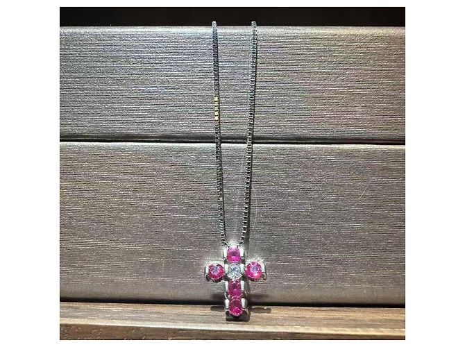 Collana Damiani Belle Croce Rubini e Diamanti Rosa - vista 7