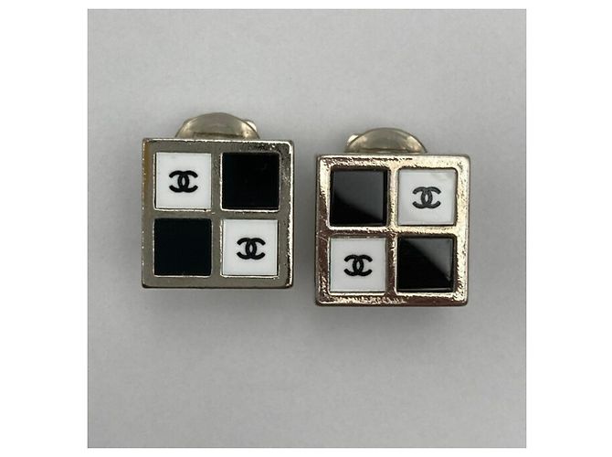 Chanel Coco Mark Monotone Square Clip-Ohrringe Schwarz Silber Weiß - Ansicht 2