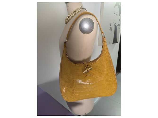 Sac Longchamp Roseau en cuir effet crocodile - Moutarde - vue 14