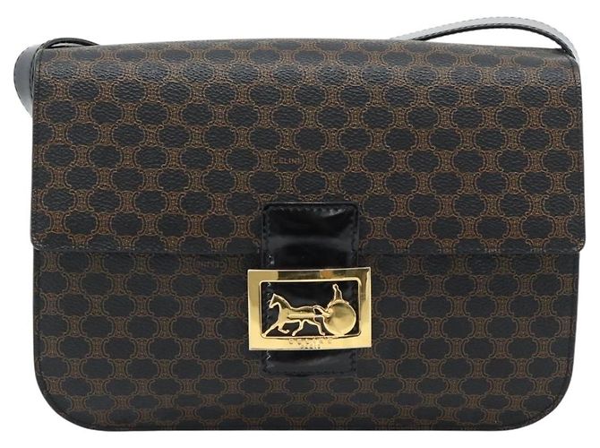Céline CELINE Borsa Macadam Canvas Horse Carriage in PVC e pelle nera e oro Auth 182778V Nero D'oro - vista 13