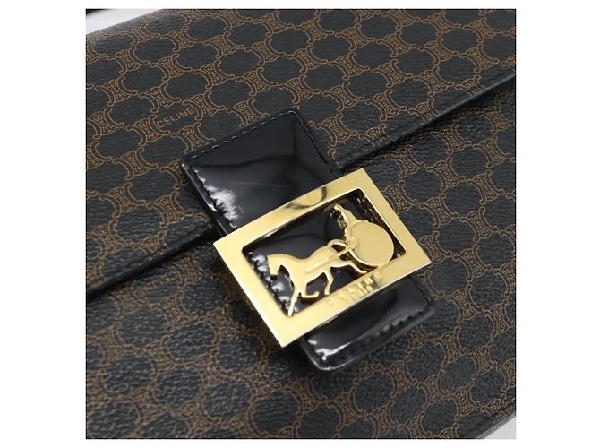 Céline CELINE Borsa Macadam Canvas Horse Carriage in PVC e pelle nera e oro Auth 182778V Nero D'oro - vista 17
