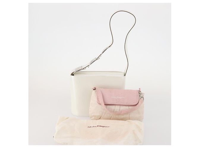 Borsa Salvatore Ferragamo in Nylon e Pelle 2 Set Bianco Rosa Auth BA13059 - vista 18