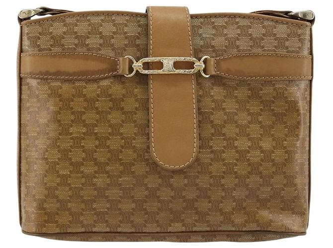 Céline Borsa a Spalla CELINE Macadam Canvas PVC Pelle Beige Oro Auth 182451 D'oro - vista 13