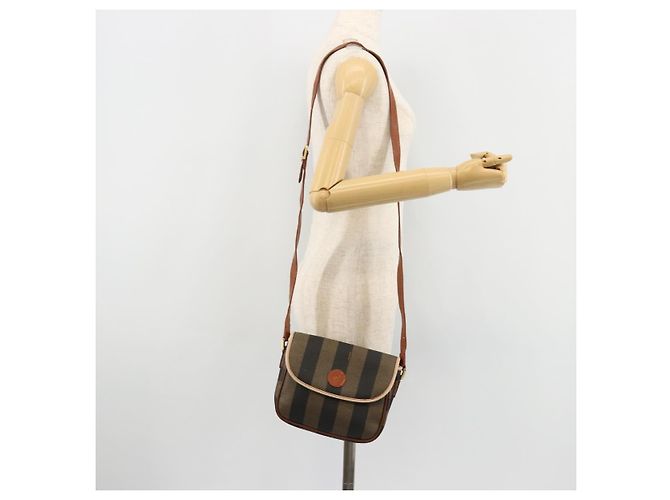 Pequin Borsa a Spalla FENDI Pecan Canvas PVC Marrone Oro Auth 182229 D'oro - vista 24