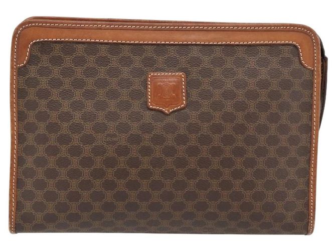 Céline Clutch CELINE in tela Macadam PVC Pelle Marrone Oro Auth ka4489 D'oro - vista 13