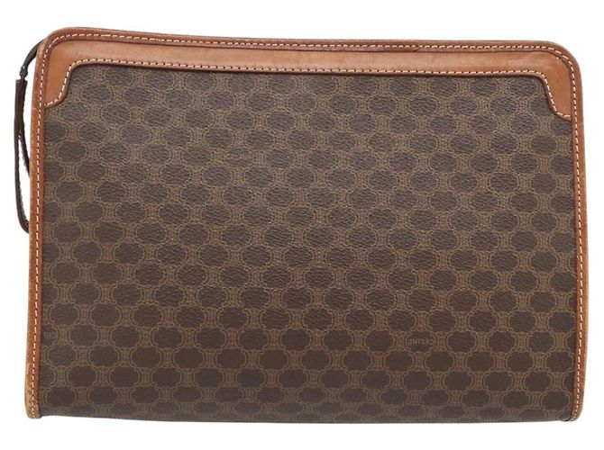 Céline Clutch CELINE in tela Macadam PVC Pelle Marrone Oro Auth ka4489 D'oro - vista 2