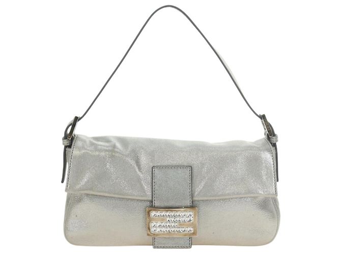 FENDI Borsa a Spalla Mamma Baguette in Pelle con Strass Argento Autentica yk20386SM - vista 13