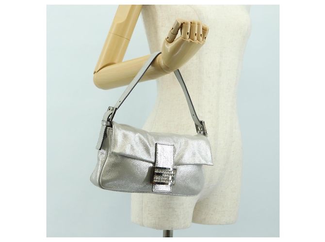 FENDI Borsa a Spalla Mamma Baguette in Pelle con Strass Argento Autentica yk20386SM - vista 28