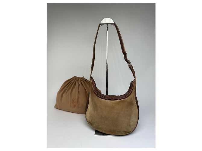 Vintage Loewe Wildleder-Schultertasche Beige Braun - Ansicht 2