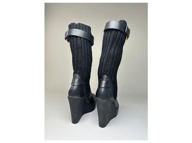 Botas de cano curto de malha e couro vintage Gucci pretas e douradas EU37 Preto - vista 2