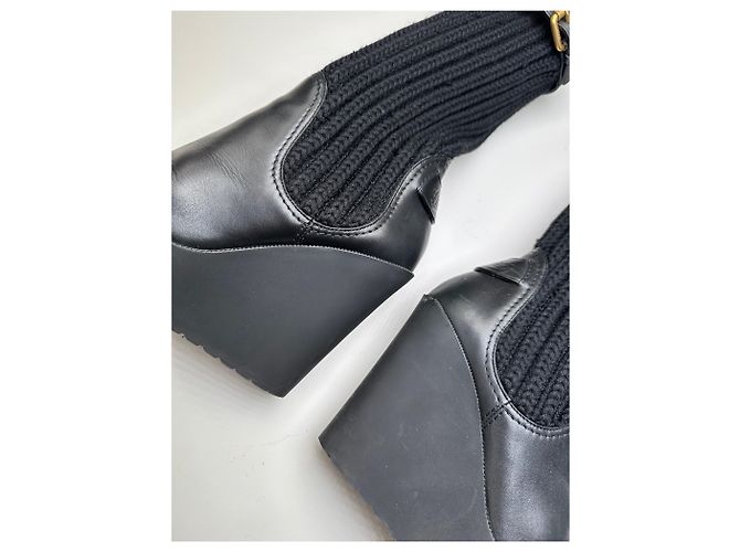 Botas de cano curto de malha e couro vintage Gucci pretas e douradas EU37 Preto - vista 5