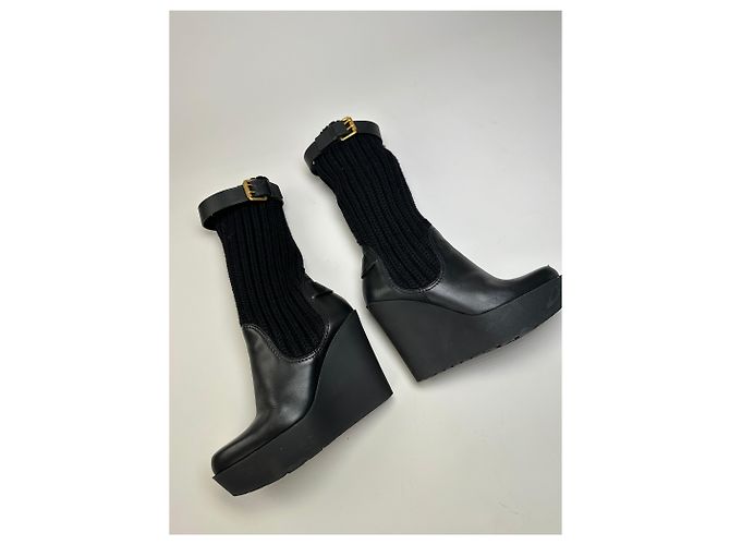 Botas de cano curto de malha e couro vintage Gucci pretas e douradas EU37 Preto - vista 7
