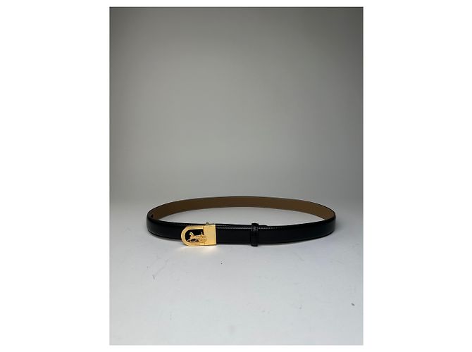 Céline Vintage Celine Ledergürtel Schwarz Beige Goldene Schnalle - Ansicht 10