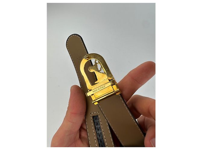 Céline Vintage Celine Ledergürtel Schwarz Beige Goldene Schnalle - Ansicht 3