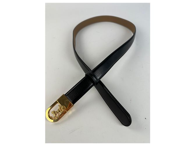 Céline Vintage Celine Ledergürtel Schwarz Beige Goldene Schnalle - Ansicht 5