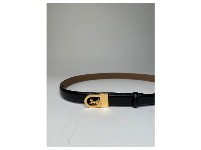 Céline Vintage Celine Ledergürtel Schwarz Beige Goldene Schnalle - Ansicht 6