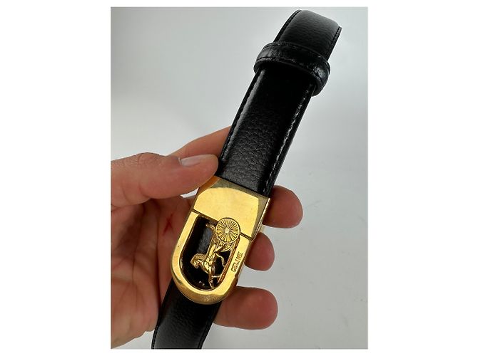 Céline Vintage Celine Ledergürtel Schwarz Beige Goldene Schnalle - Ansicht 8