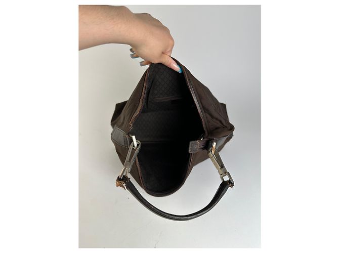 Vintage Gucci Hobo Bag Stoff Braun Silber - Ansicht 9