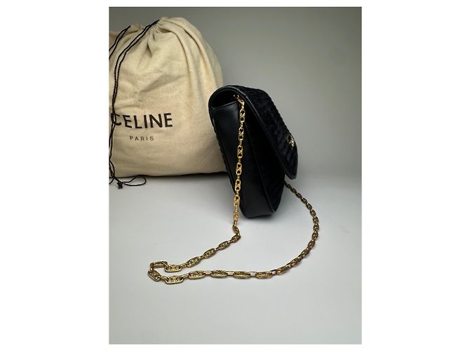 16 Céline Vintage Celine Leder Schultertasche Schwarz Gold - Ansicht 10