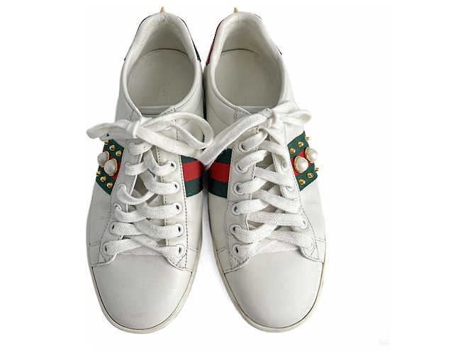Gucci Sneakers Ace Pearls in pelle a righe 37 White Bianco - vista 2