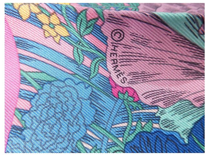 Hermès Robe Légère Handbesticktes Seidentuch Gavroche 45 Pink Blau Beige Grün Gelb - Ansicht 12