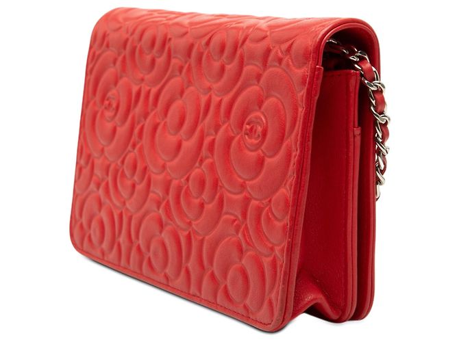 Wallet On Chain Portafoglio con catena Chanel in agnello goffrato Red CC con camelia Rosso - vista 2
