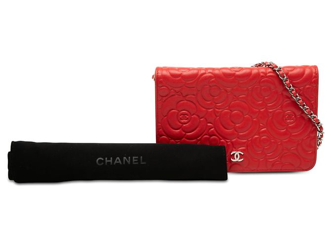 Wallet On Chain Portafoglio con catena Chanel in agnello goffrato Red CC con camelia Rosso - vista 8